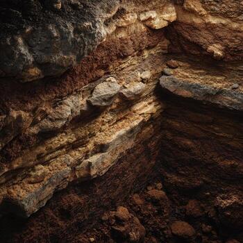 Close-up of layered earth strata. Varied colors and textures of rock and soil layers visible. A geological cross-section photo