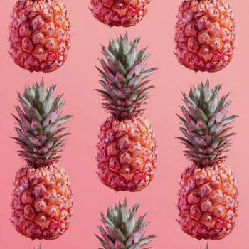 Repeating pattern of ripe pineapples against a pink background photo