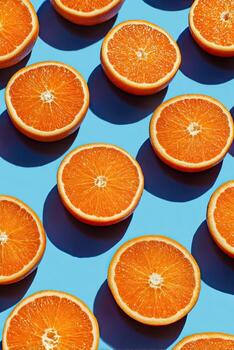 Sliced oranges arranged in a pattern on a bright blue background with distinct shadows photo