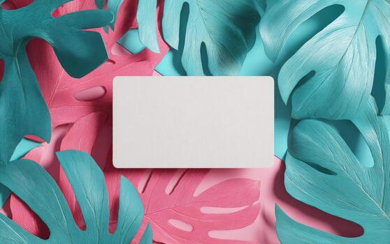 A blank white card atop pink and teal monstera leaves on a gradient background photo