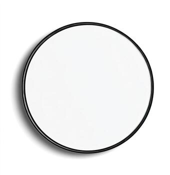 A round mirror with a black frame, set against a white backdrop, casting a subtle shadow photo