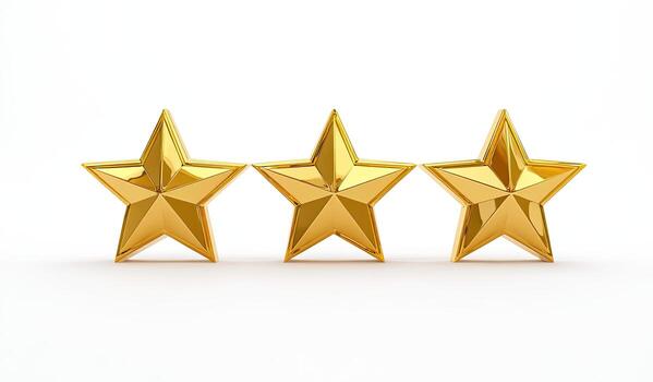 Three golden, five-pointed stars aligned horizontally on a white background. Shiny and bright photo