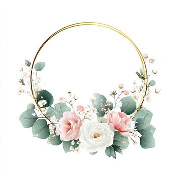Floral wreath with roses, eucalyptus, and a gold circular frame on a white background photo