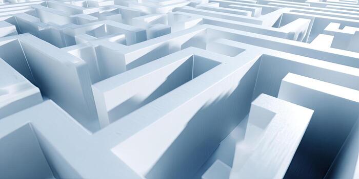 A perspective view of a 3D maze with white walls and a light blue color gradient photo