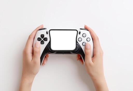 Two hands holding a white game controller with buttons on a bright white background photo