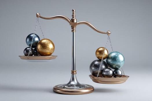 A brass and silver balance scale holding various metallic spheres of different sizes and colors photo