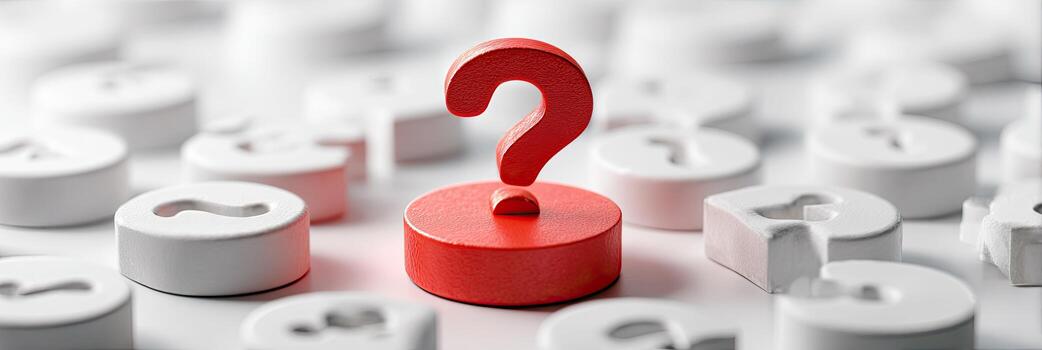 A prominent red question mark stands among white letter pieces. Selective focus creates a shallow depth of field photo