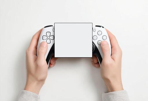 A person holding a white game controller with a blank screen on a white surface photo