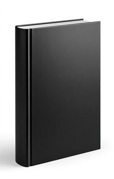 A solid black book stands upright with a subtle shadow against a white background photo