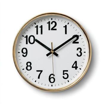 A simple round clock with gold frame and black hands set against a white background photo