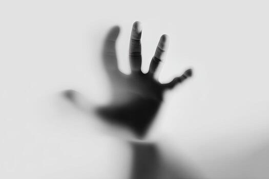 A hand presses against a frosted surface, creating a blurred silhouette photo