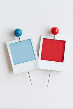 Two colorful blank photo prints pinned to a white surface with push pins