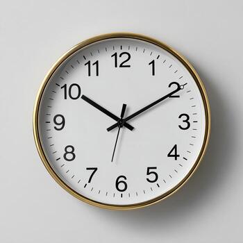 A round wall clock features a golden rim, white face, and black hands, against a gray backdrop photo