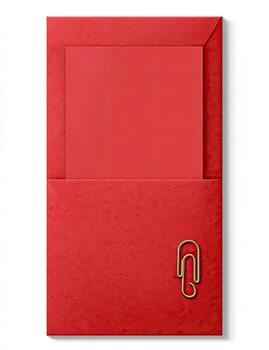 A bright red envelope partially open to reveal a red card, secured with a golden paperclip photo