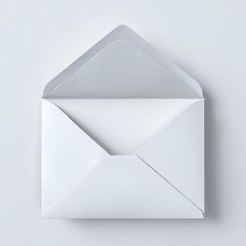An opened, pristine, white paper envelope lies on a light gray, neutral background photo