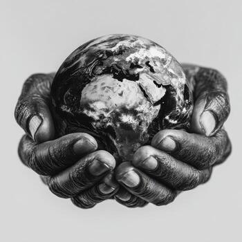 manos de plataforma un escala de grises tierra globo, simbolizando cuidado, conexión, y responsabilidad foto