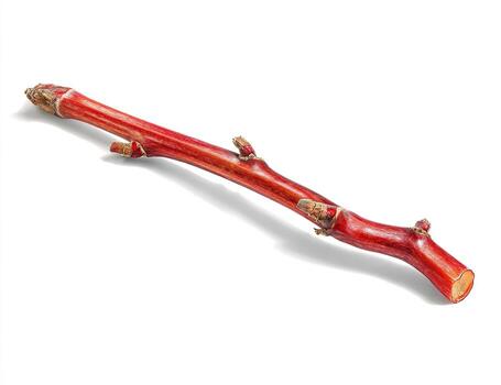 A single vibrant red twig with budding nodes, casting a shadow on a white background photo