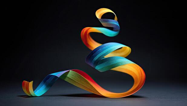 A colorful paper ribbon curls elegantly against a dark background, creating a whimsical shape photo