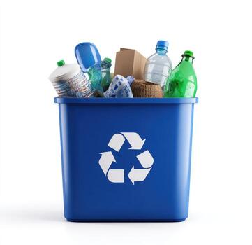 un azul compartimiento lleno con varios reciclable materiales, presentando el universal símbolo foto