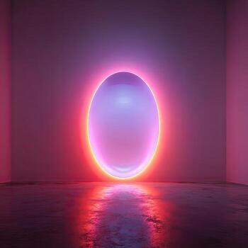 An illuminated, futuristic oval portal set within a minimalist, pink-toned room photo