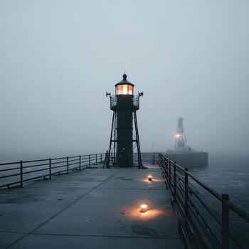 A dark metal lighthouse stands on a foggy pier, lights glowing. A distant second is visible photo