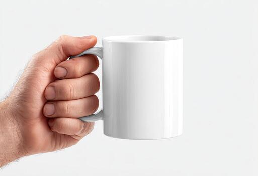 Close-up of a hand holding a plain white ceramic mug against a white backdrop photo