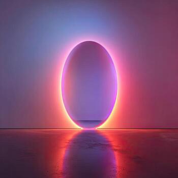 An illuminated oval shape glows against a gradient background, reflected on a shiny floor photo