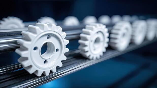White gears on metal rails, industrial production process, blurred background, shallow depth of field photo