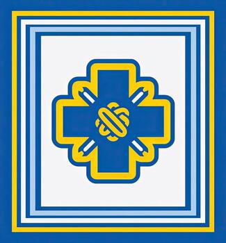 A blue and gold cross emblem within a framed border. Center includes looped design photo