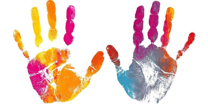 Two colorful handprints, each showcasing mixed hues and textures, stand out on a white background photo