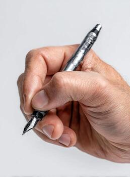 Close-up of a hand holding a fountain pen, ready to write, isolated on white photo