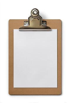 A wooden clipboard with a blank white paper sheet clipped onto it, isolated on white photo