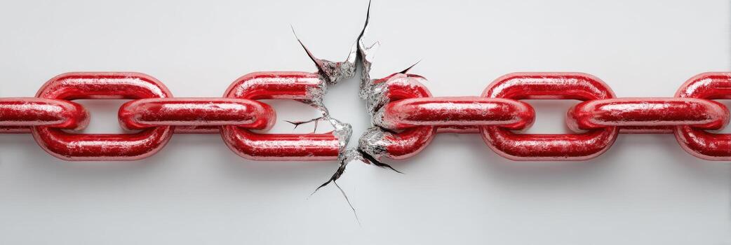 A red chain breaks through a white surface, showing a hole. The links are detailed photo