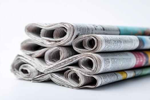 Stacked newspapers with visible rolled edges against a white background, detail shot photo
