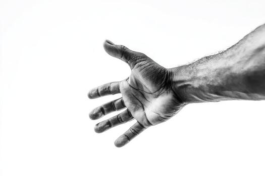 A grayscale close-up of a reaching hand against a stark white backdrop photo