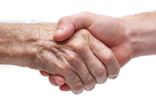 Two hands, one aged and wrinkly, the other younger, clasped in a handshake photo