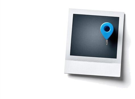 A white polaroid photo with a blue location marker, set against a white background