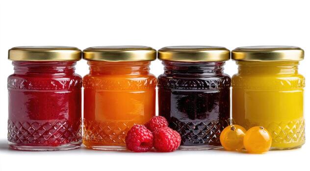 Jars of colorful preserves lined up with berries in front, isolated on white backdrop photo