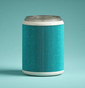 Cylindrical container with teal, vertically-lined wrap, white trim on a teal backdrop photo