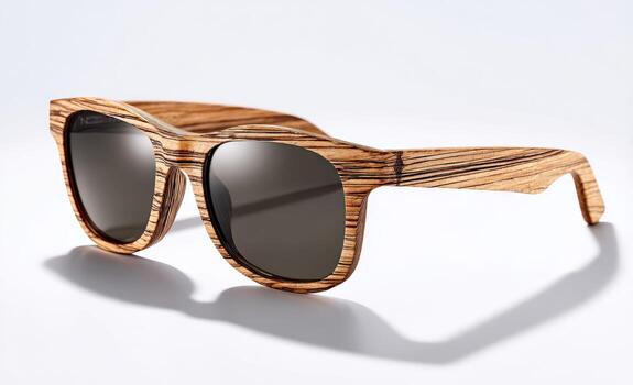 A close-up of wooden-framed sunglasses casting a shadow on a bright white backdrop photo
