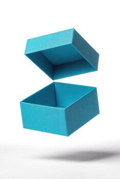 Isolated, open blue box with a hovering lid, showcasing a shadow and white backdrop photo