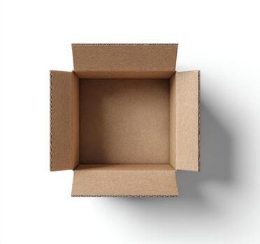 Overhead view of an open, empty corrugated cardboard box against a white background, angled photo
