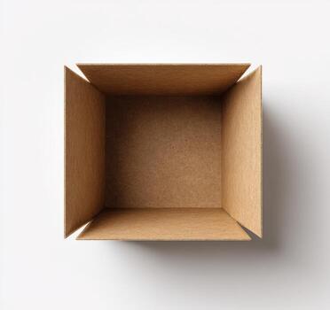 Overhead shot of an open, empty cardboard box on a white background photo