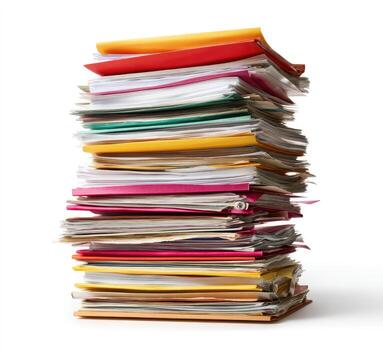 A towering stack of various colored file folders and papers against a white background photo