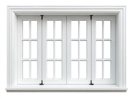 Elegant white double window with multiple panes and decorative molding photo