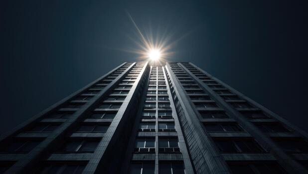 A dramatic upward view of a towering skyscraper, with the sun directly behind it photo
