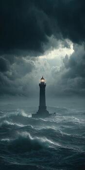A solitary lighthouse shines amidst stormy ocean, piercing dark clouds photo