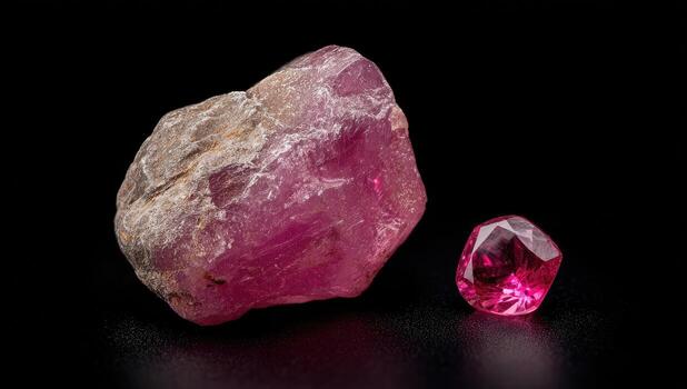 Raw, unpolished pink gemstone next to a faceted version on a black backdrop photo