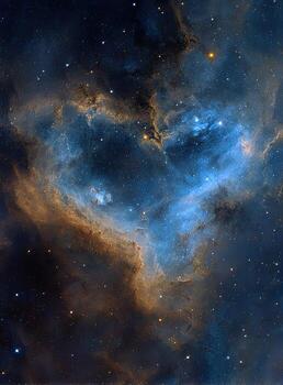 A cosmic heart-shaped nebula glows with celestial blues, golds, and hints of darker hues photo