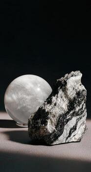 A clear crystal sphere sits next to a rough-hewn rock, against a dark, gradient backdrop photo